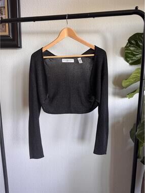 Valerie Stevens Petites Black Metallic Cropped Cardigan Size PM